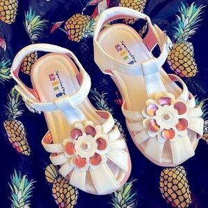 Brand New Specialty Girl White & Pink Metallic Flower Ankle Strap Dress Sandals